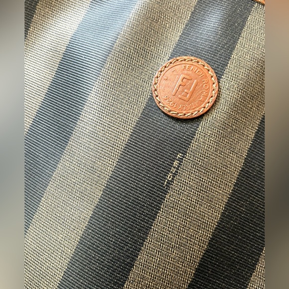 Vtg FENDI Pequin Stripe Brown Coated Canvas Long Strap Shoulder Crossbody Purse - Picture 2 of 9